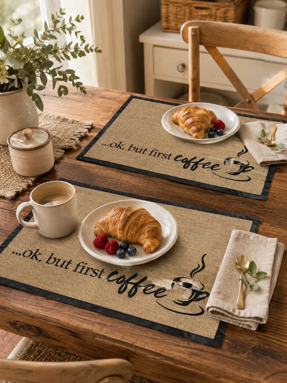 New Set of Jute Coffee Mats 20x14 But First Coffee Rustic Decor
